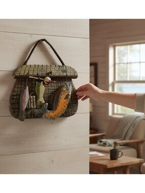 Vintage Fishing Basket Wall Decor With Fish & Tackle Accents Rustic Cabin Style